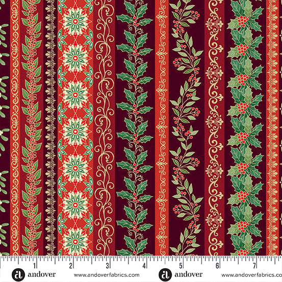 Adorn - Garland Stripe in Burgundy - by Makower UK with Andover Fabrics