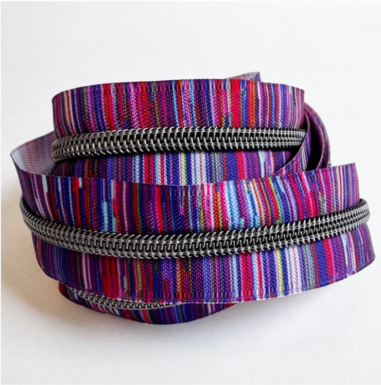 Purple Tiny Stripe Zipper Tape – #5 Nylon, Gunmetal Teeth, 3 Yards
