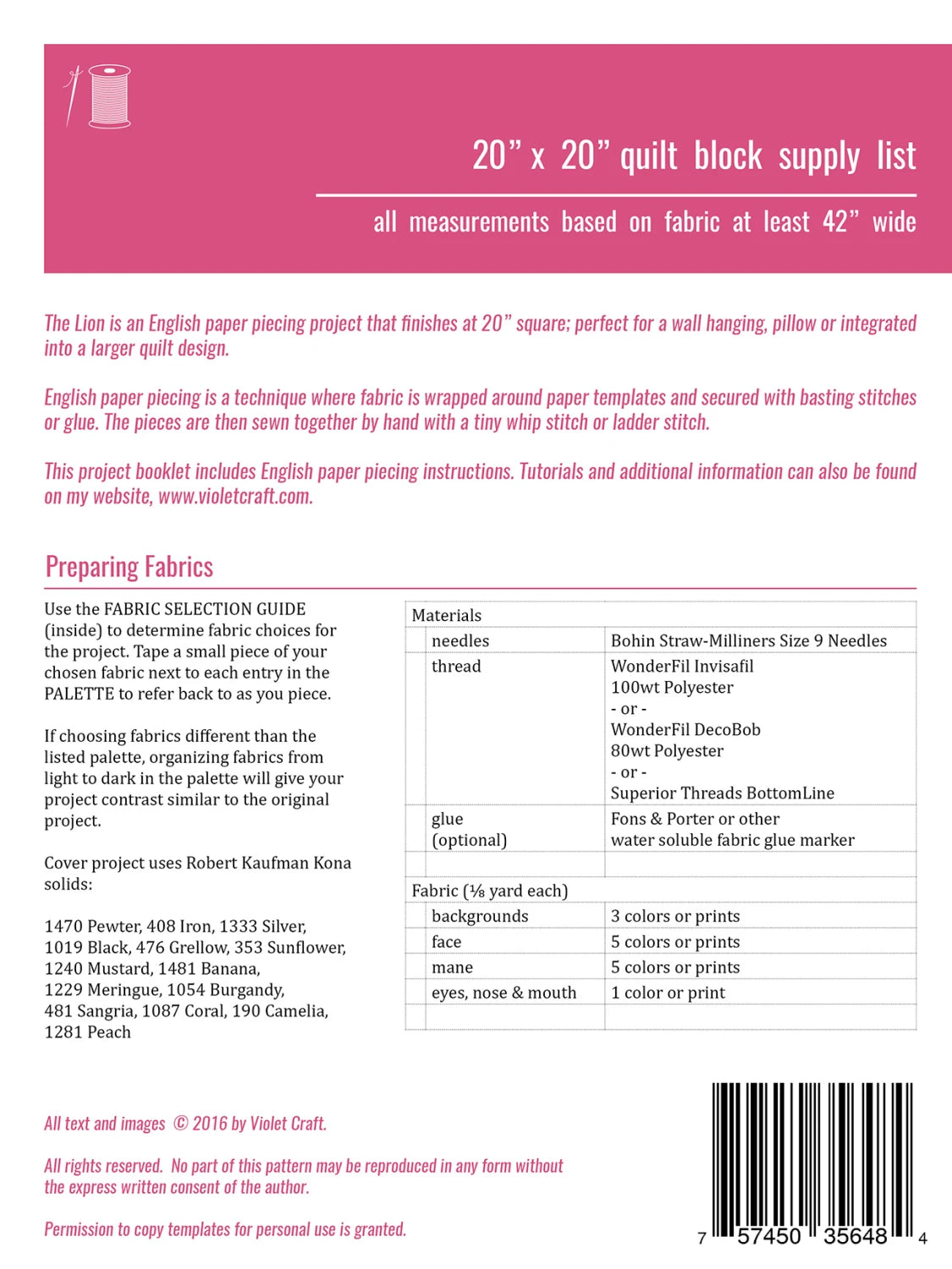 Lion - English Paper Piecing Pattern - by Violet Craft