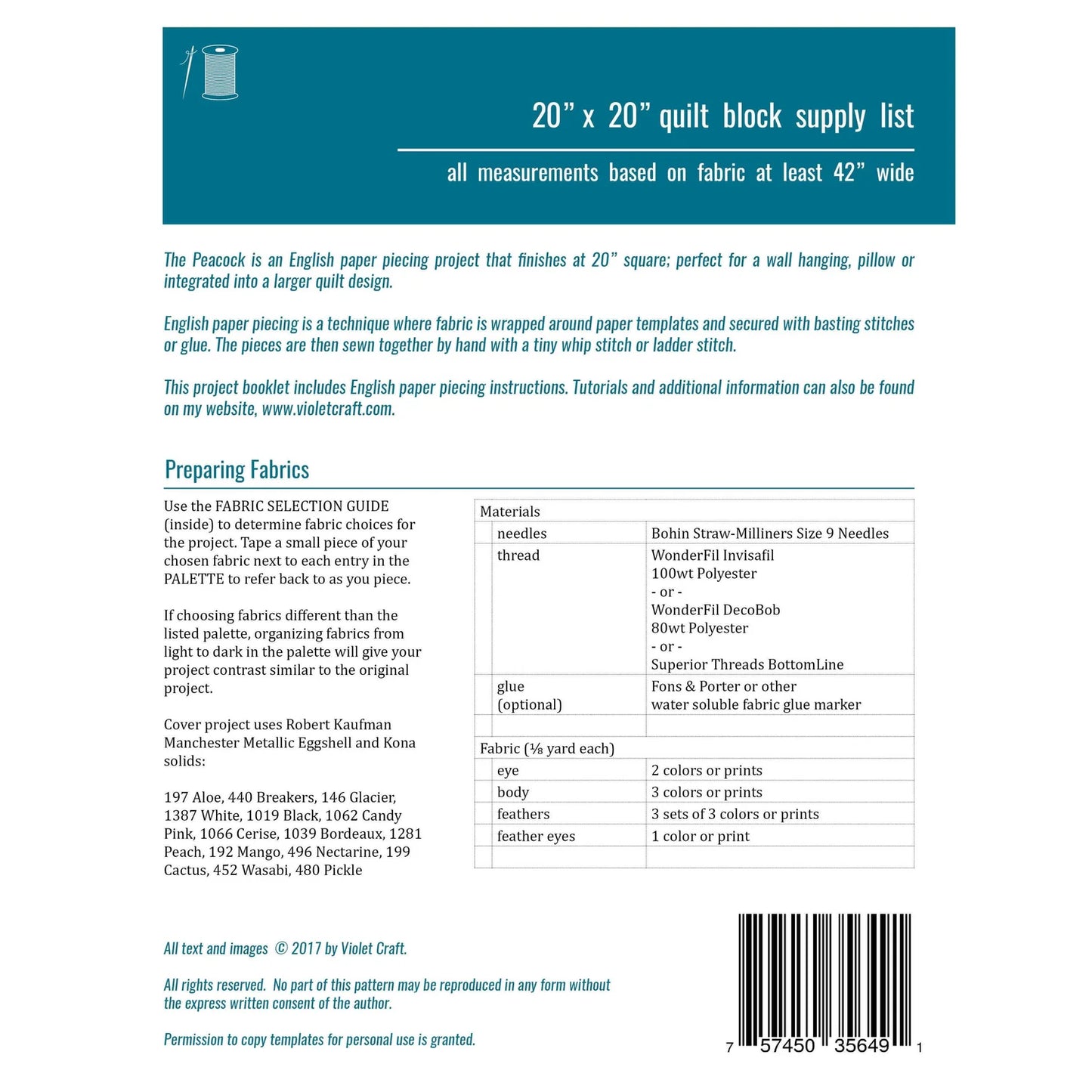 Peacock - English Paper Piecing Pattern - by Violet Craft