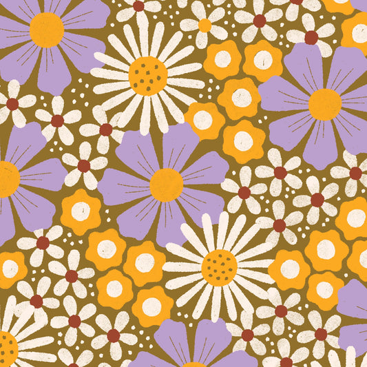 Retro Meadow - Cosmos - Mustard/Lilac (Half Yard Cut) - by Sophie Rowe with Cloud9 Fabrics