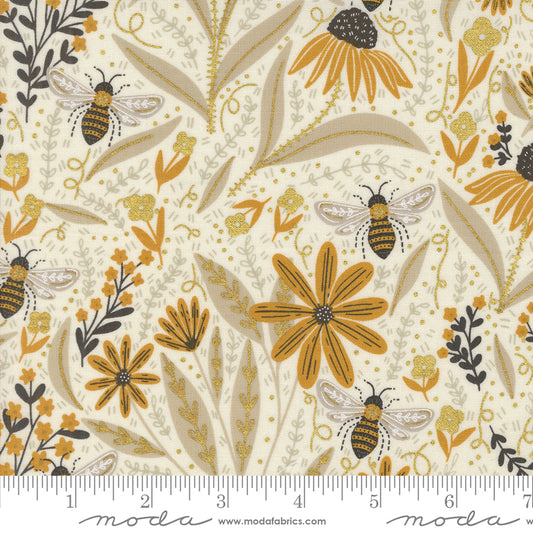 Bee Garden - Floral Bees - Metallic Porcelain (Half Yard Cut) by Gingiber with Moda Fabrics