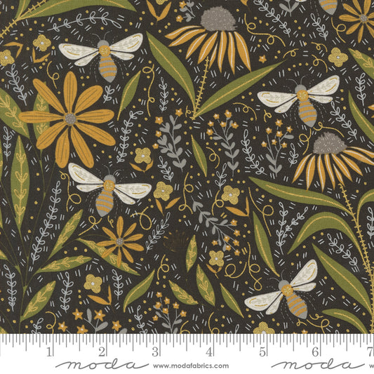 Bee Garden - Floral Bees - Metallic Black (Half Yard Cut) by Gingiber with Moda Fabrics