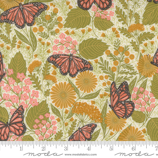 Bee Garden - Summer Butterfly Florals - Metallic Porcelain (Half Yard Cut) by Gingiber with Moda Fabrics