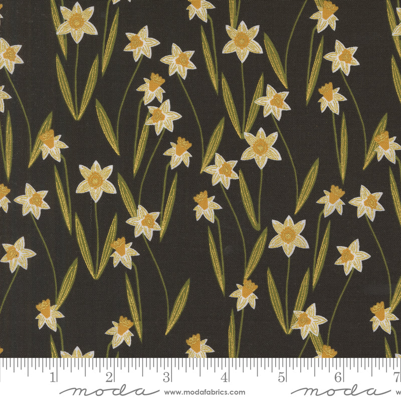 Bee Garden - Darling Daffodils - Metallic Black (Half Yard Cut) by Gingiber with Moda Fabrics