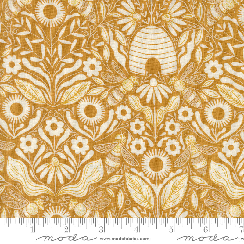 Bee Garden - Beehive Melody Damask - Beeswax (Half Yard Cut) by Gingiber with Moda Fabrics