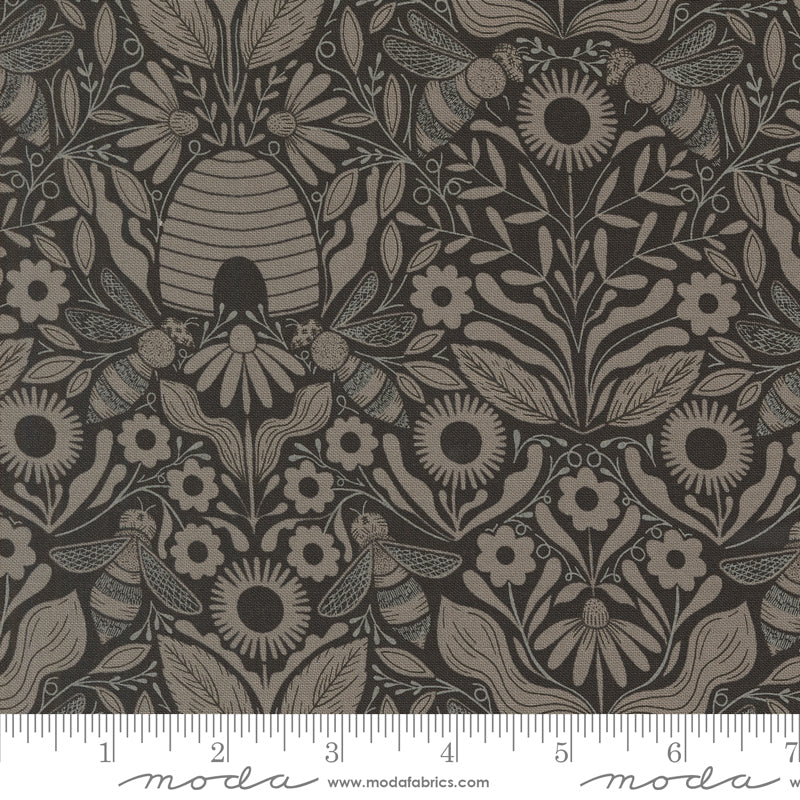 Bee Garden - Beehive Melody Damask - Black (Half Yard Cut) by Gingiber with Moda Fabrics