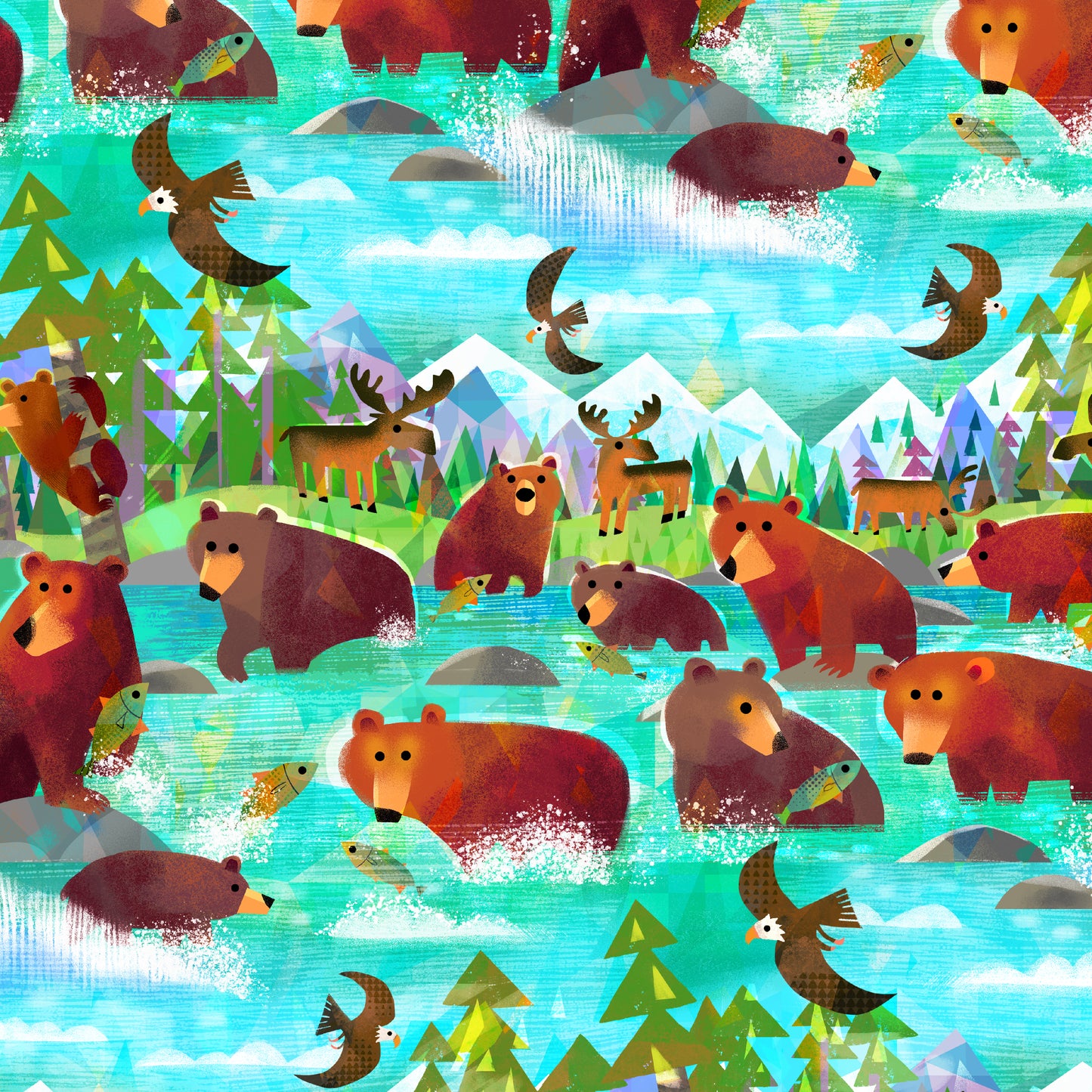 Animal Kingdom - Bathing Bears - by Gareth Lucas with Windham Fabrics