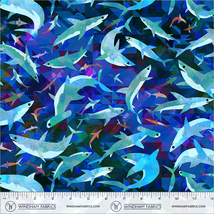 Animal Kingdom - Stealthy Sharks in Midnight Blue - by Gareth Lucas with Windham Fabrics