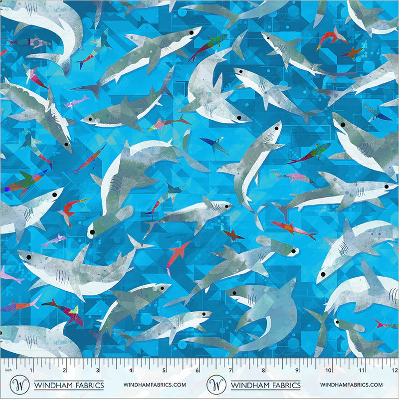 Animal Kingdom - Stealthy Sharks in Cyan - by Gareth Lucas with Windham Fabrics
