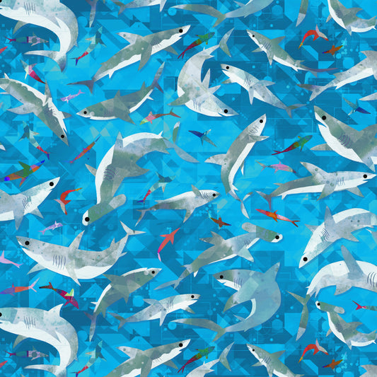 Animal Kingdom - Stealthy Sharks in Cyan - by Gareth Lucas with Windham Fabrics