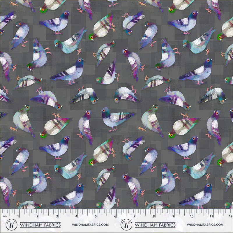 Animal Kingdom - Pigeon Pals in Asphalt - by Gareth Lucas with Windham Fabrics