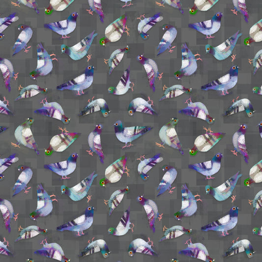 Animal Kingdom - Pigeon Pals in Asphalt - by Gareth Lucas with Windham Fabrics