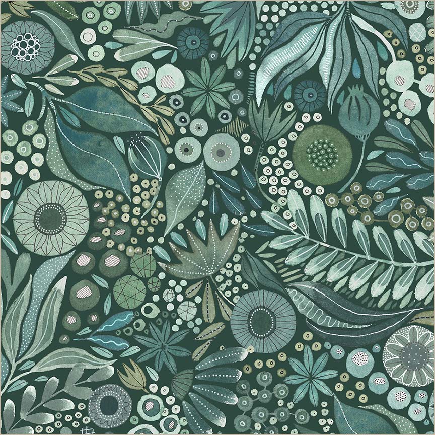 Pebble & Posy Wild Woodland Jade canvas fabric by Essoldo Design