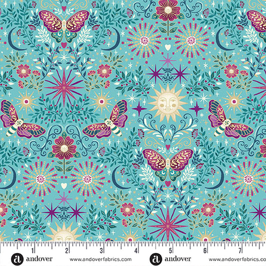 Luna by Makower UK - Teal Night Garden (Half Yard Cut) with Andover Fabrics