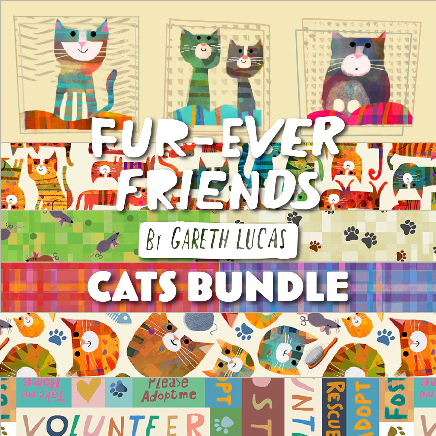 Fur-ever Friends: Cats Fat Quarter Bundle by Gareth Lucas with Windham Fabrics