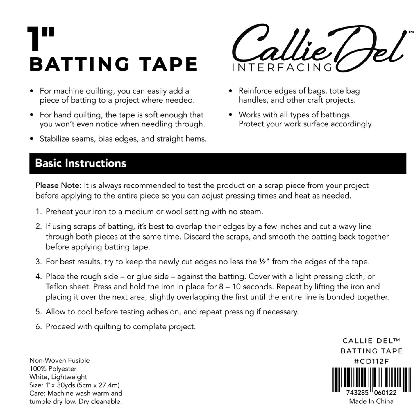 Fusible Seam Batting Tape 1" x 30 Yards