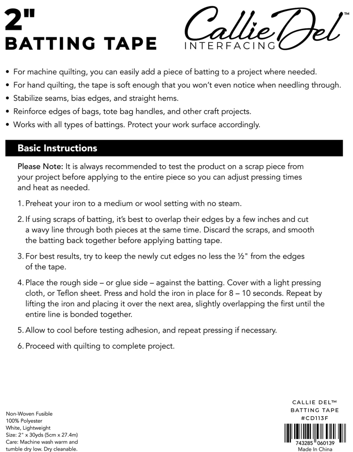 Fusible Seam Batting Tape 2" x 30 Yards