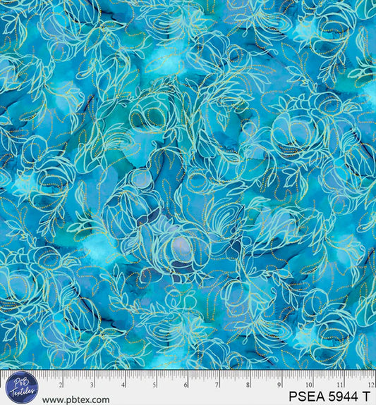 Painted Sea - Flowing Linework - Teal - by Amy Tieman with P&B Textiles