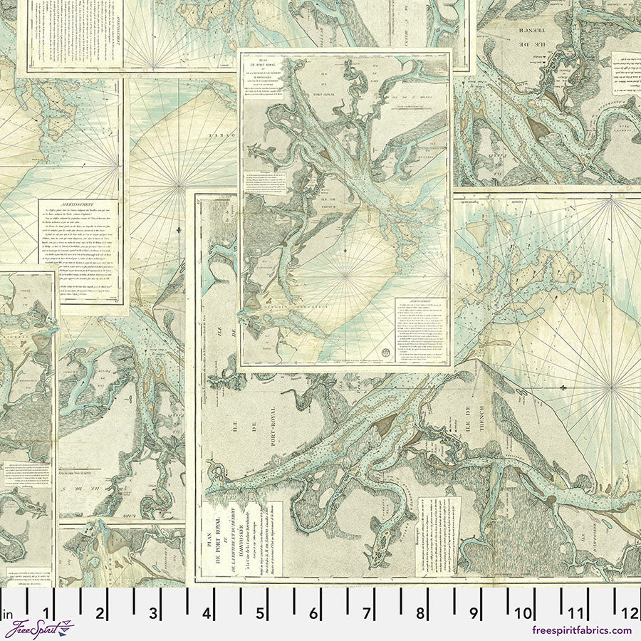 Eclectic Elements Palette Teal - Map (Half Yard Cut) - by Tim Holtz with FreeSpirit Fabrics