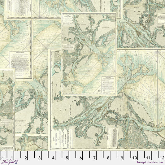 Eclectic Elements Palette Teal - Map (Half Yard Cut) - by Tim Holtz with FreeSpirit Fabrics