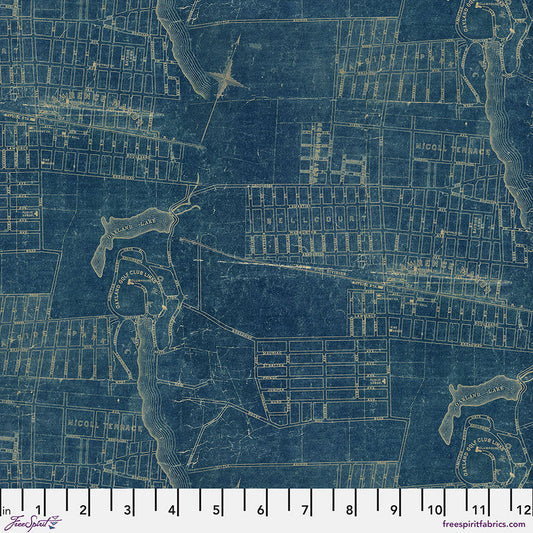 Eclectic Elements Palette Blue - Map (Half Yard Cut) - by Tim Holtz with FreeSpirit Fabrics