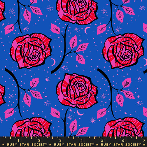 Ink Shop - Blue Roses - by Sarah Watts with Ruby Star Society fabric swatch