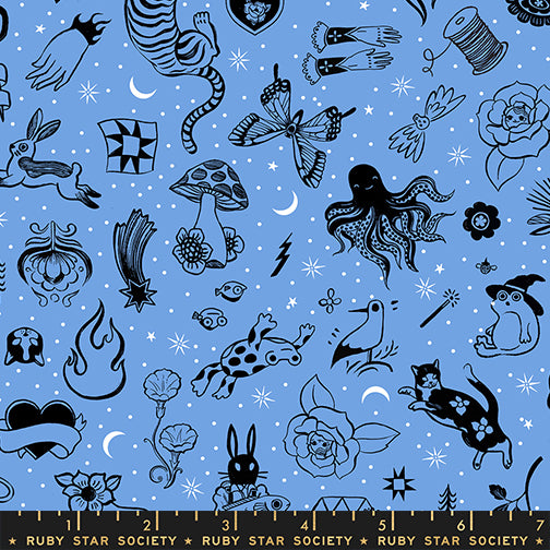 Ink Shop - Blue Flash - by Sarah Watts with Ruby Star Society fabric swatch