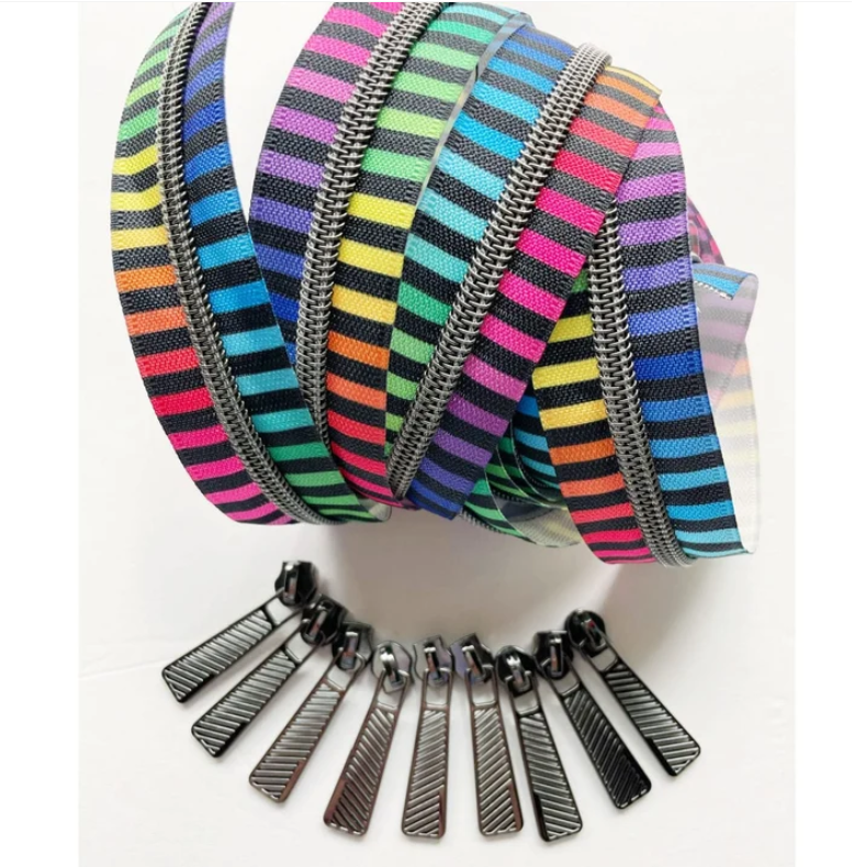 Colorful Stripe Zipper Pack – #5 Nylon, Gunmetal Teeth, 3 Yards + 9 Pulls