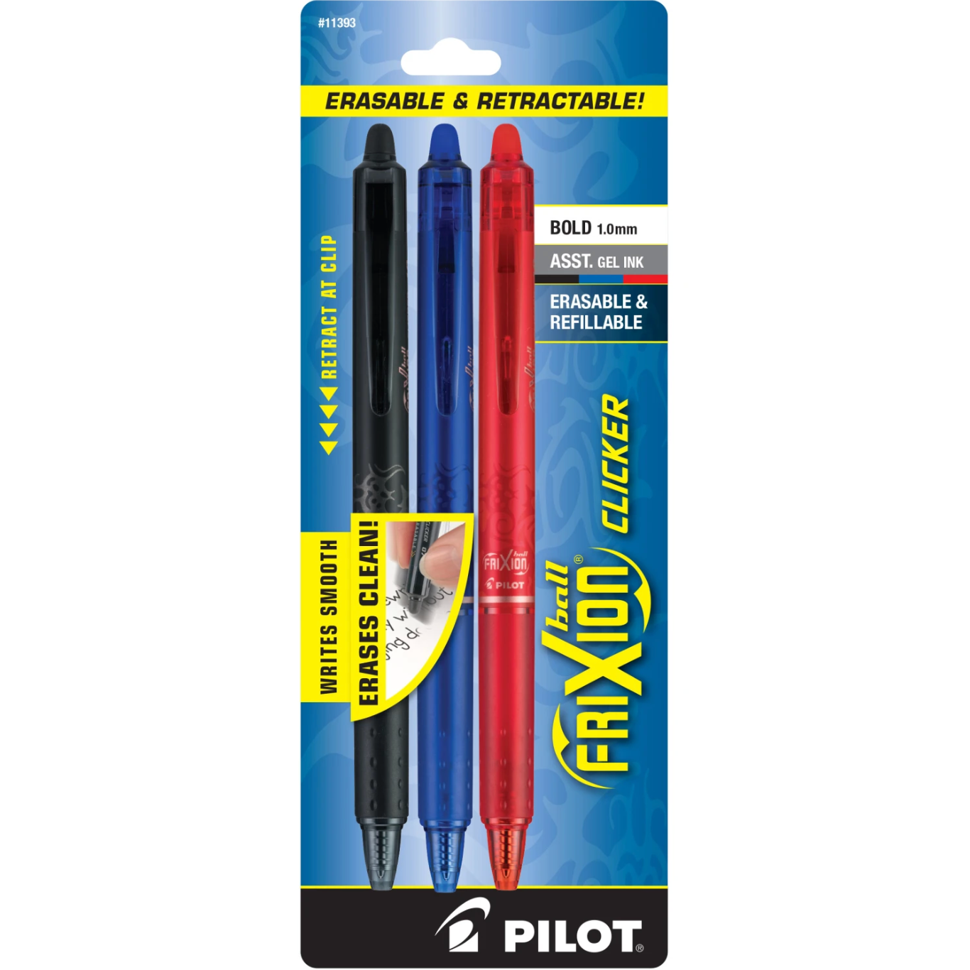 Pilot FriXion Clicker Erasable Gel Pens – Black, Blue & Red (3pk)
