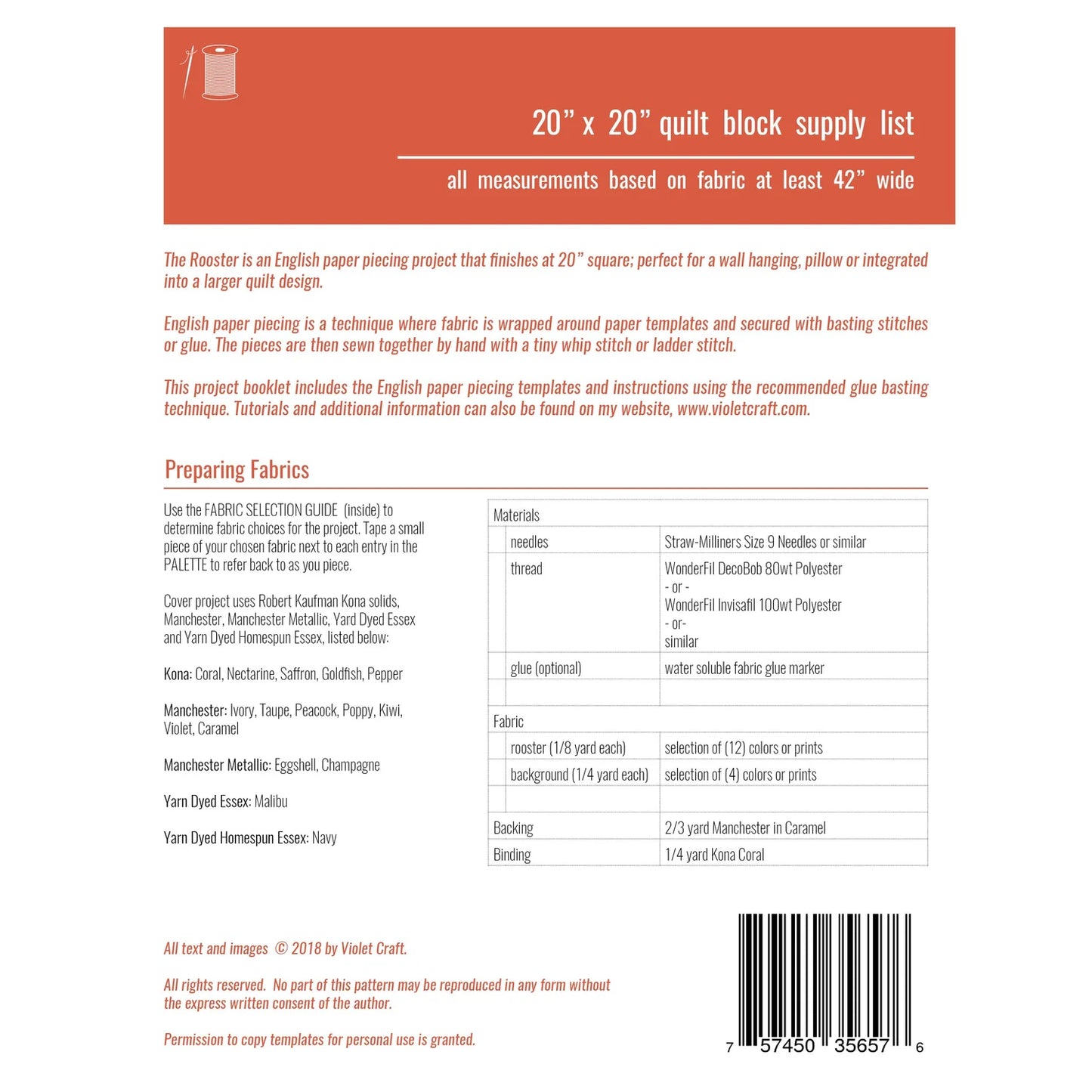 The Rooster - English Paper Piecing Pattern - by Violet Craft