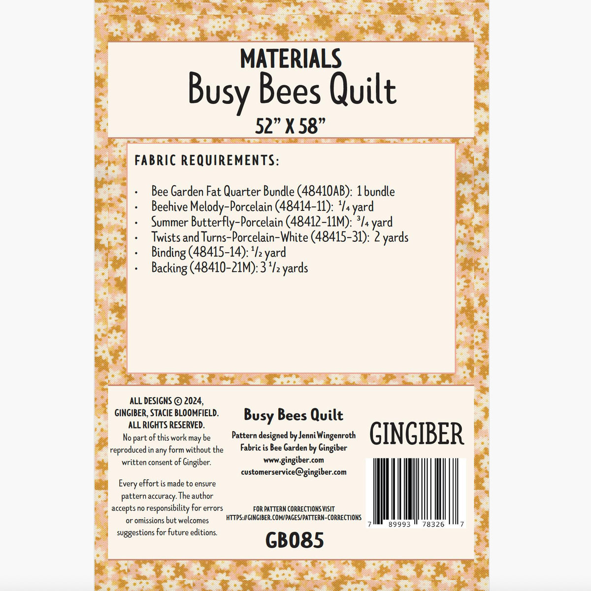 Busy Bees Quilt Pattern by Gingiber