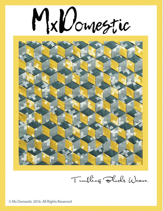 May include: A quilting pattern for a Tumbling Blocks Weave quilt. The pattern features a repeating pattern of yellow and gray squares with white star-shaped designs. The pattern is titled 'Tumbling Blocks Weave' and is copyrighted by Mx Domestic 2016.