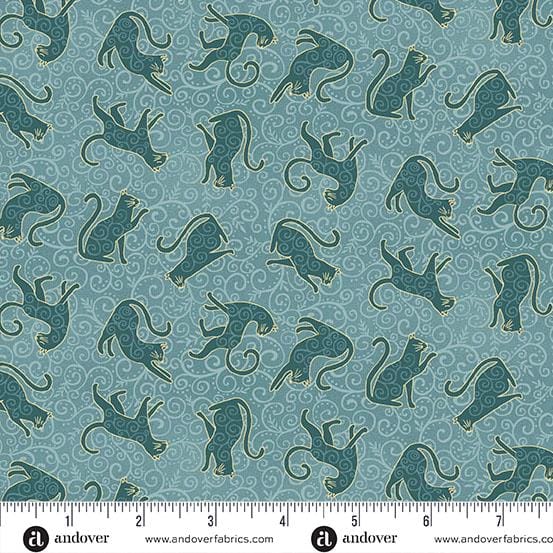 Charmed - Whiskers in Teal - by Makower UK with Andover Fabrics