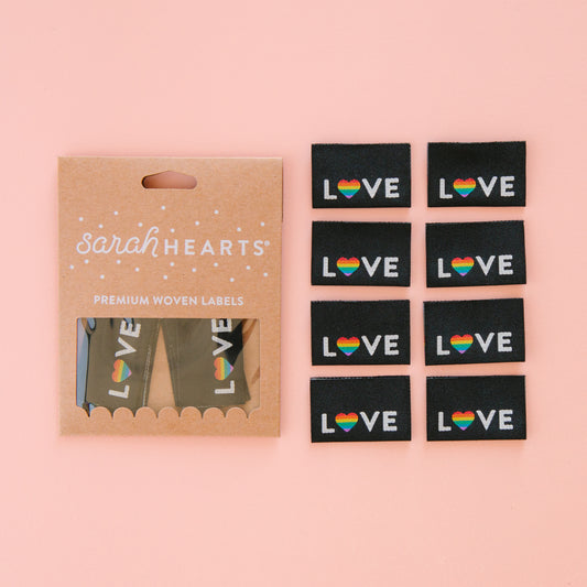 Sarah Hearts Love Pride Woven Labels for Sewing & Quilting Projects