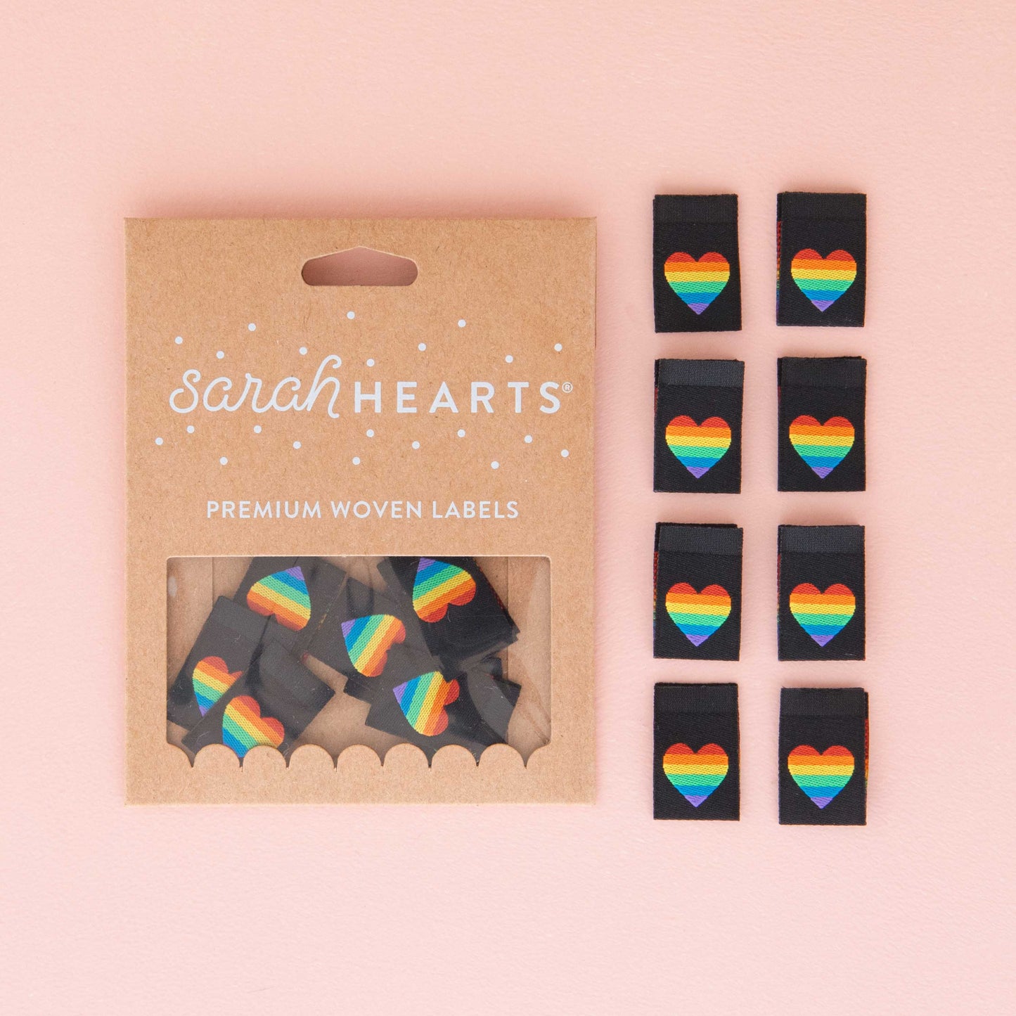 Sarah Hearts Pride Rainbow Heart Woven Labels for Sewing & Quilting Projects