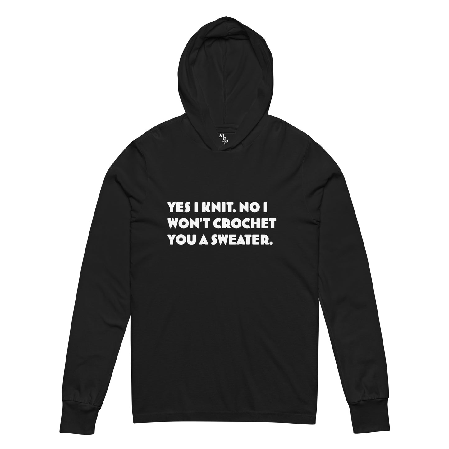 Ja, ich stricke. Nein, ich häkele dir keinen Pullover. Langärmliges T-Shirt mit Kapuze