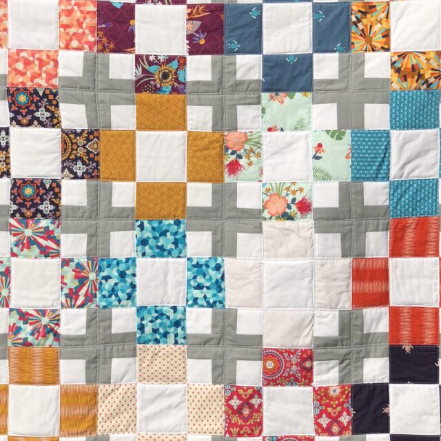 blanket with multicolored squares